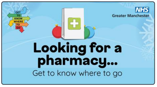 Cartoon of a white, paper pharmacy bag next to Christmas tree baubles. A stack of arrows pointing in different directions contains the words get to know where to go. Text: Looking for a pharmacy . . . get to know where to go. Logo NHS Greater Manchester.