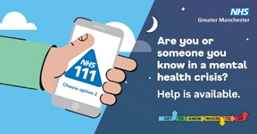 Cartoon image of a hand holding a phone with the NHS 111 logo on it. Text - Are you or someone you know in a mental health crisis? Help is available.